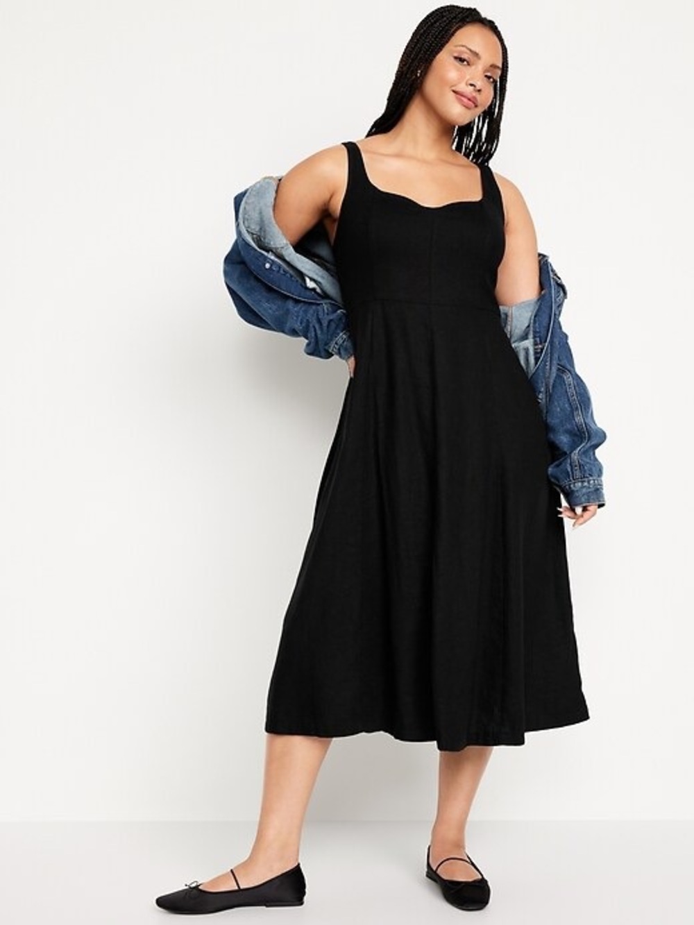 Old Navy black linen blend fit and flare midi dress
